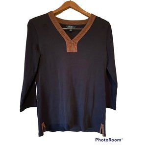 Lauren Ralph Lauren Womens Black Cotton Tunic Brown Suede Trim V-Neck Size L